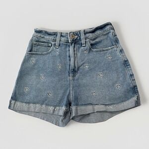 Hollister Denim Blue‎ Floral Boho Daisy Embroidered Cutoff Jean Shorts 25 0/1